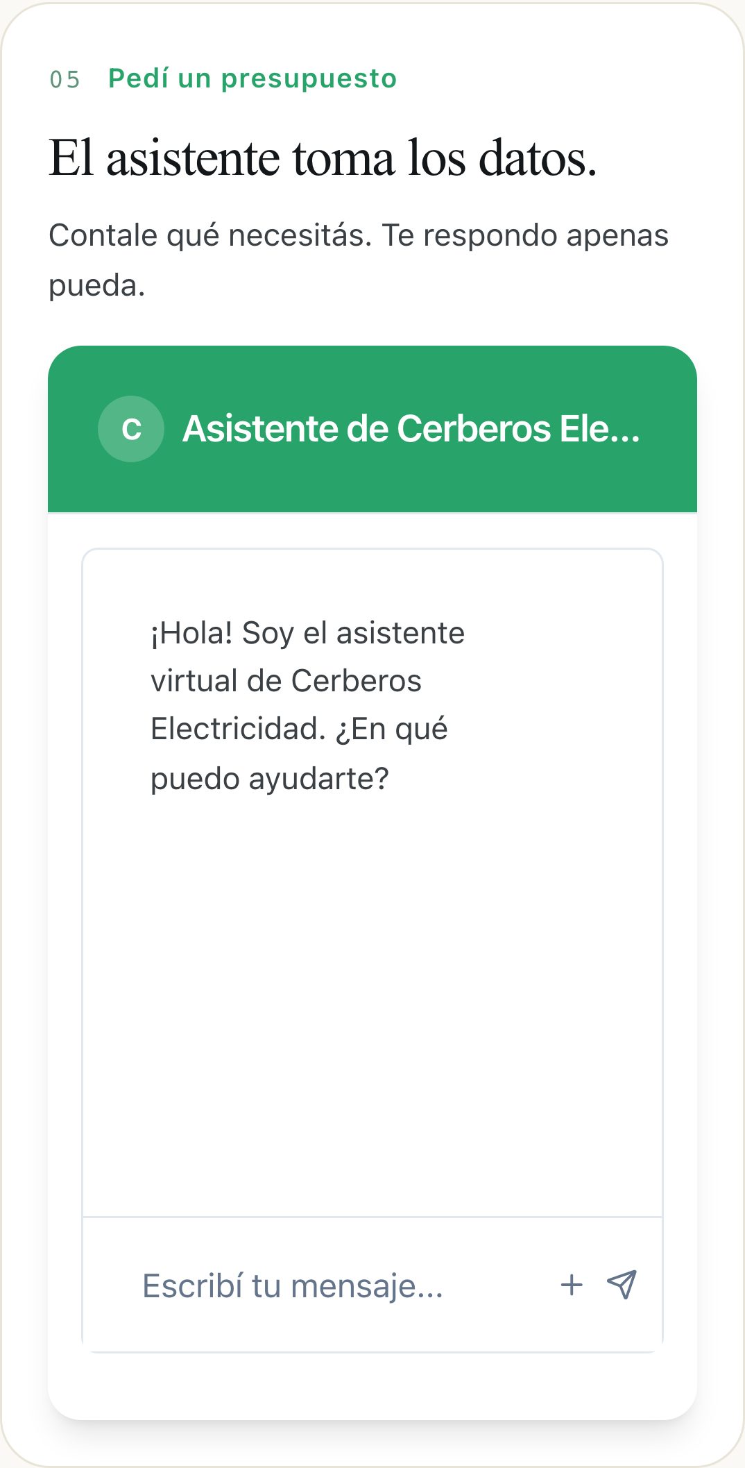 Asistente de presupuestos de la página de Cerberos Electricidad en Muovi, donde el cliente cuenta qué necesita y deja el pedido sin llamar por teléfono
