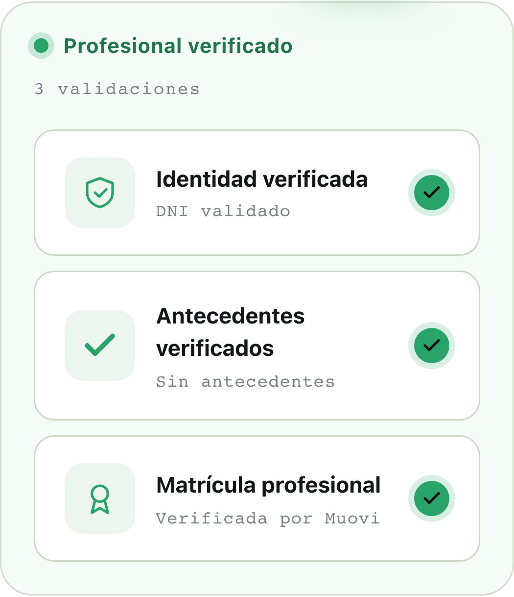 Franja de profesional verificado en la página de Cerberos Electricidad en Muovi, con tres validaciones tildadas: identidad, antecedentes y matrícula profesional