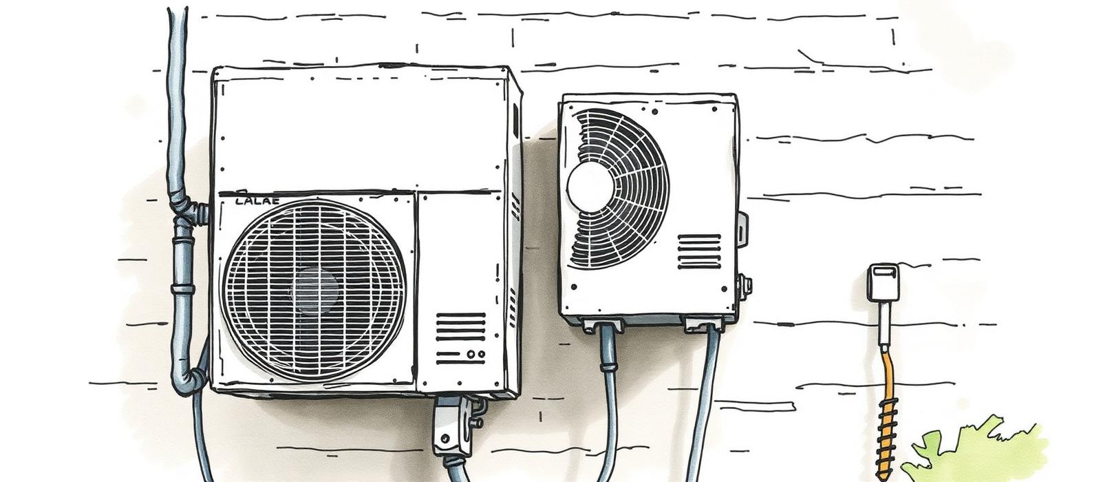 Ilustración acuarela de un equipo de aire acondicionado exterior siendo atendido
