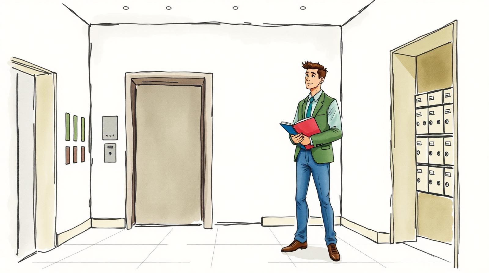 Ilustración de un administrador de consorcio parado en el hall de un edificio de Buenos Aires con una carpeta