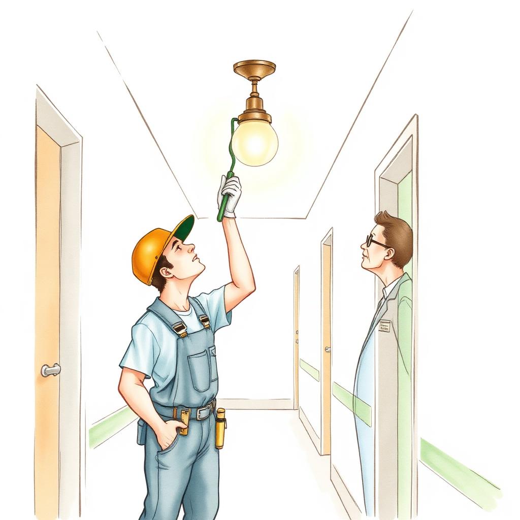 Ilustración de un mantenimiento en un edificio: electricista arreglando una luz mientras el administrador supervisa