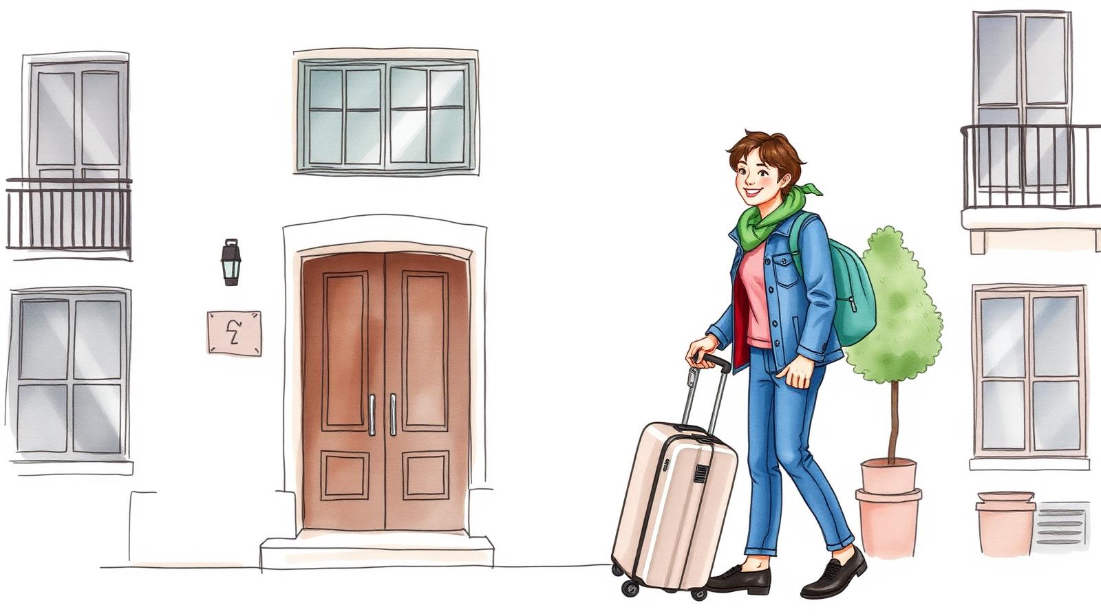 Ilustración de un anfitrión de Airbnb entregando las llaves a un huésped con valija en Buenos Aires