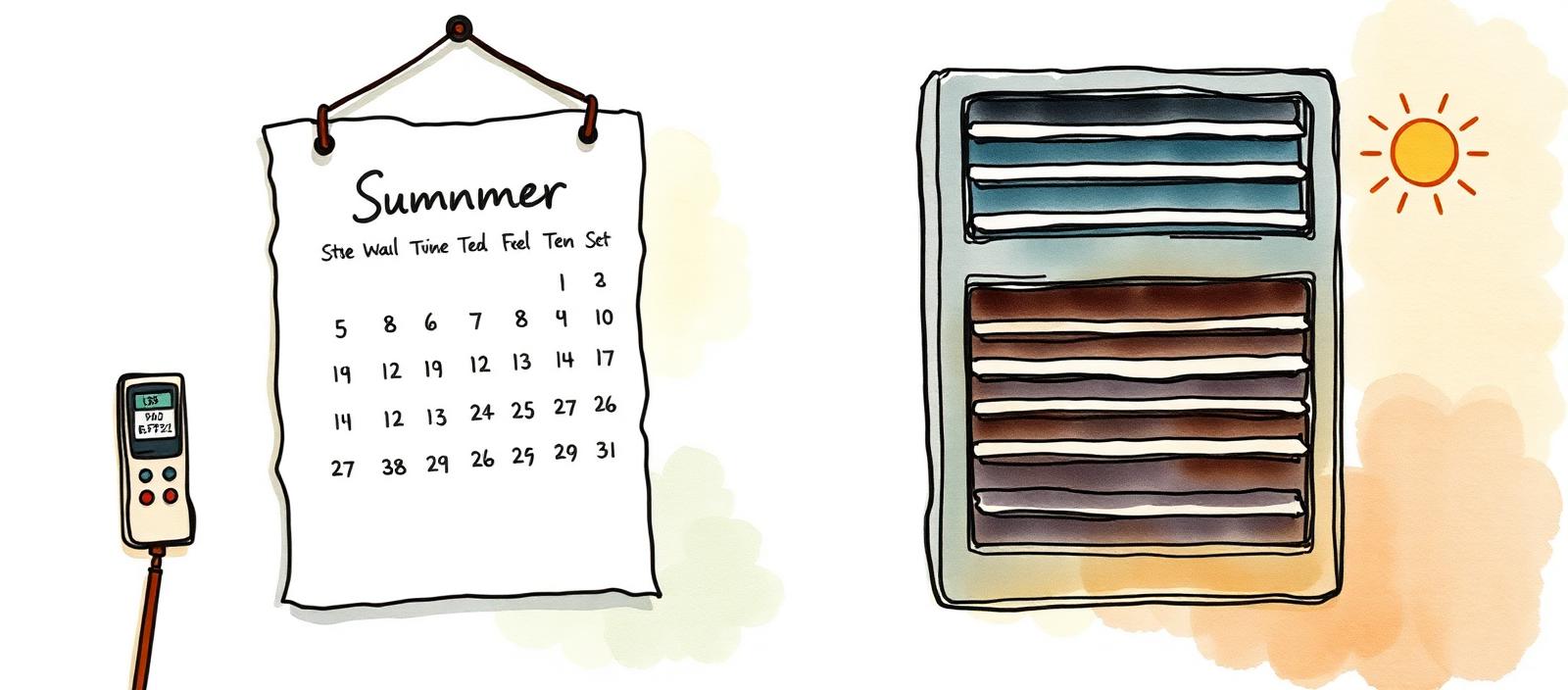 Calendario marcando el inicio del verano junto a un control remoto de aire acondicionado