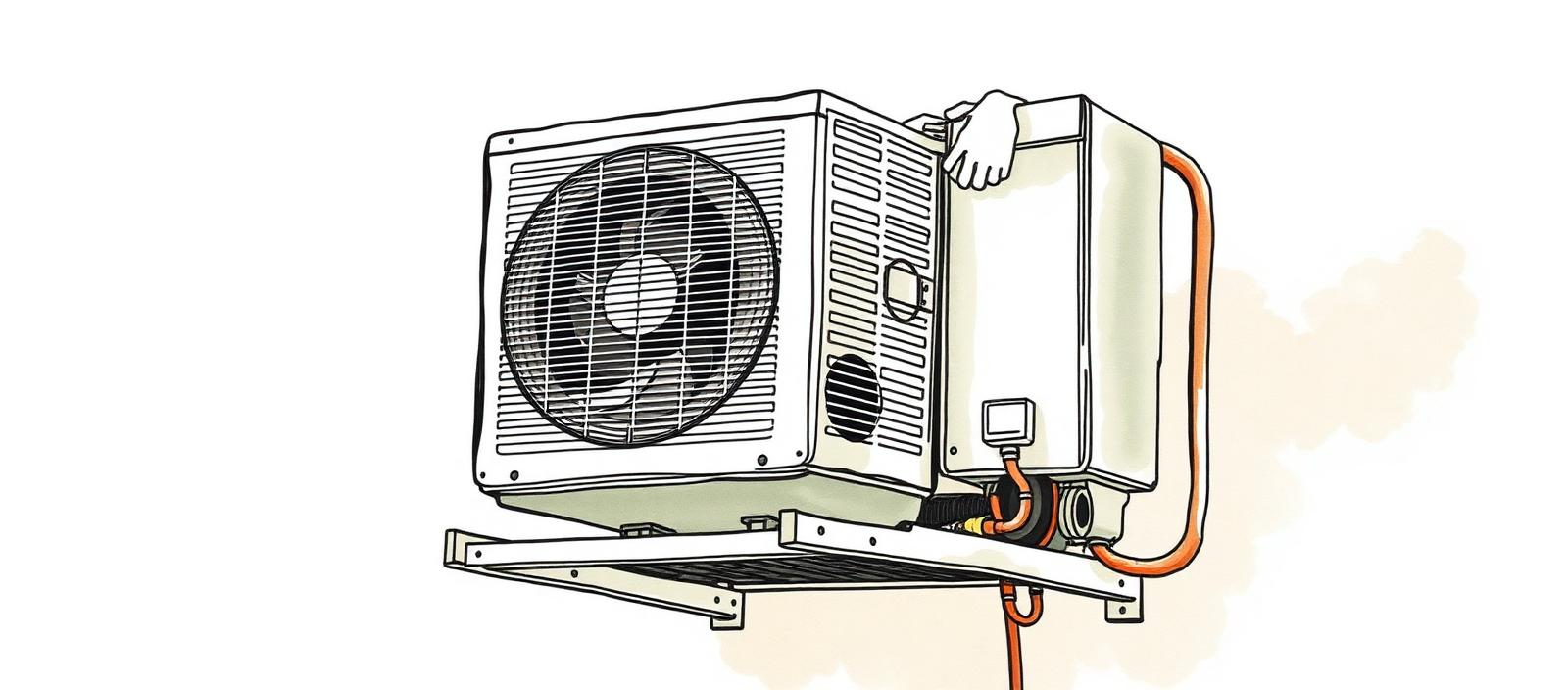 Ilustración acuarela de un técnico instalando la unidad exterior de un aire acondicionado sobre ménsulas