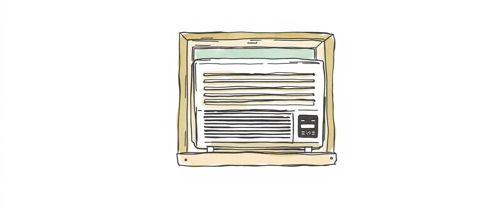 Ilustración acuarela de un aire acondicionado de ventana montado en un vano visto desde el interior