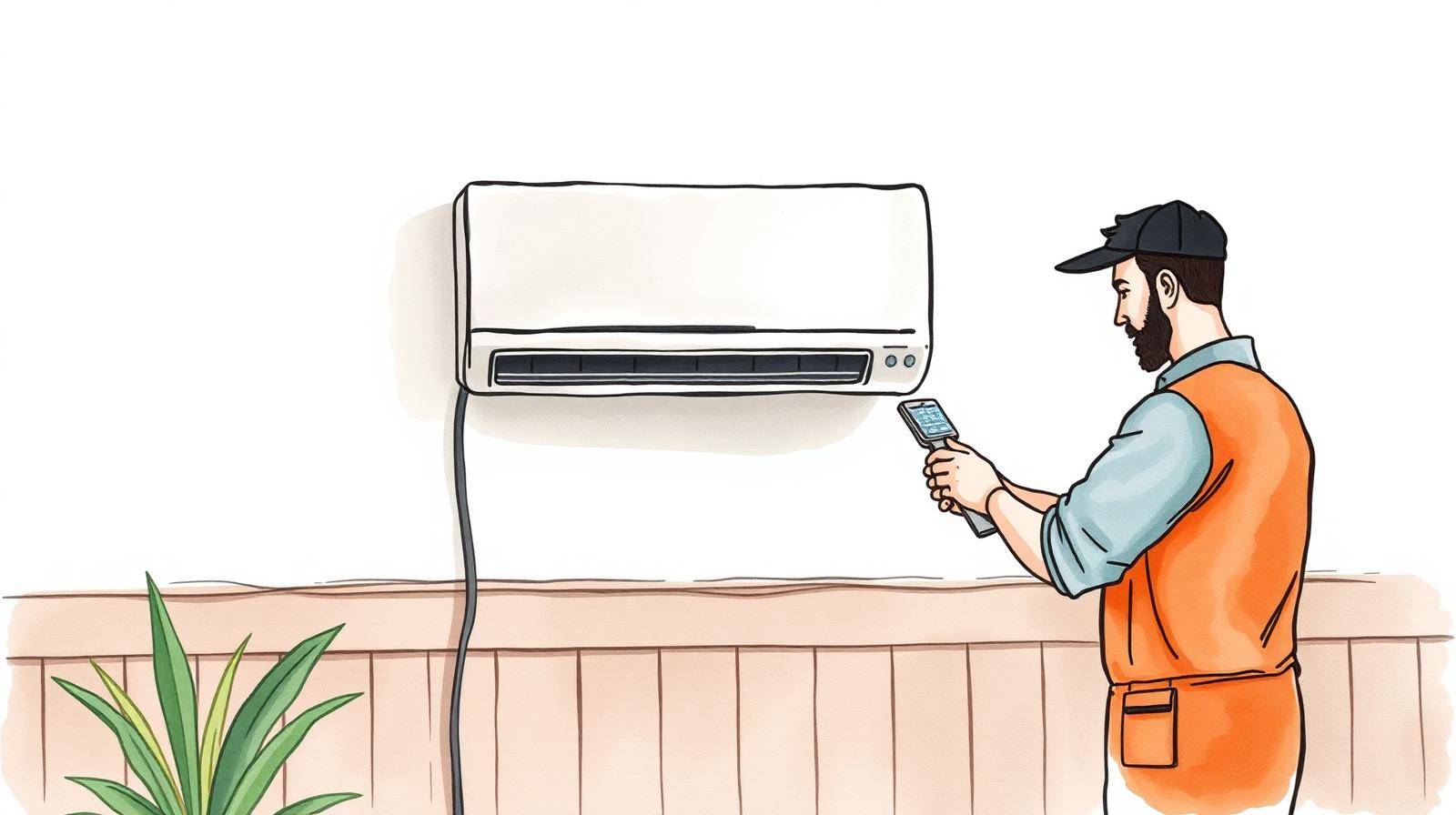 Ilustración de un técnico revisando un split de aire acondicionado antes del verano