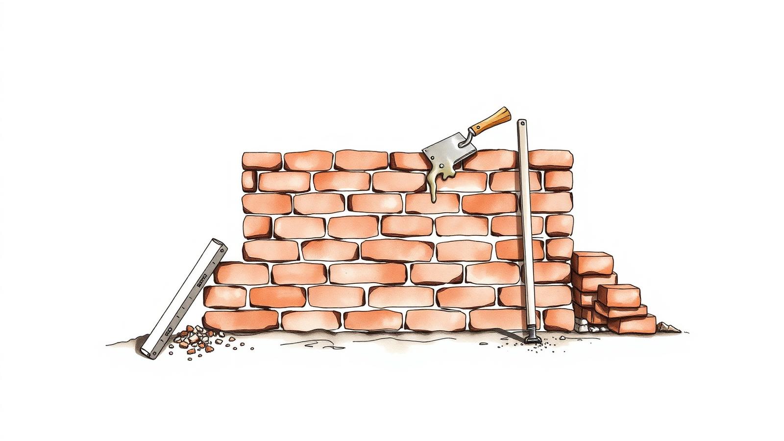 Ilustración de una pared de ladrillos a medio levantar con una cuchara de albañil, una plomada y un nivel apoyados al lado