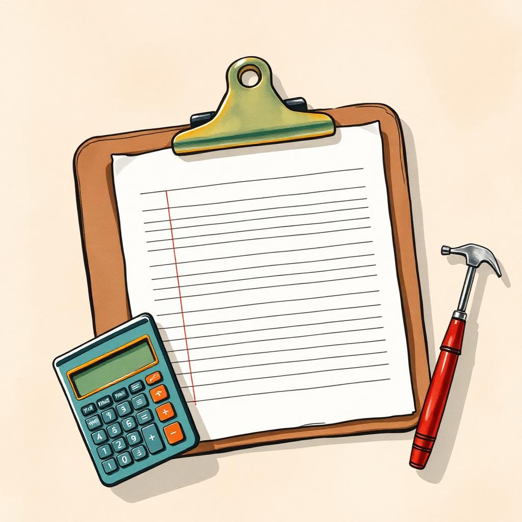 Ilustración de un presupuesto de arreglos generales en clipboard con lapicera y calculadora