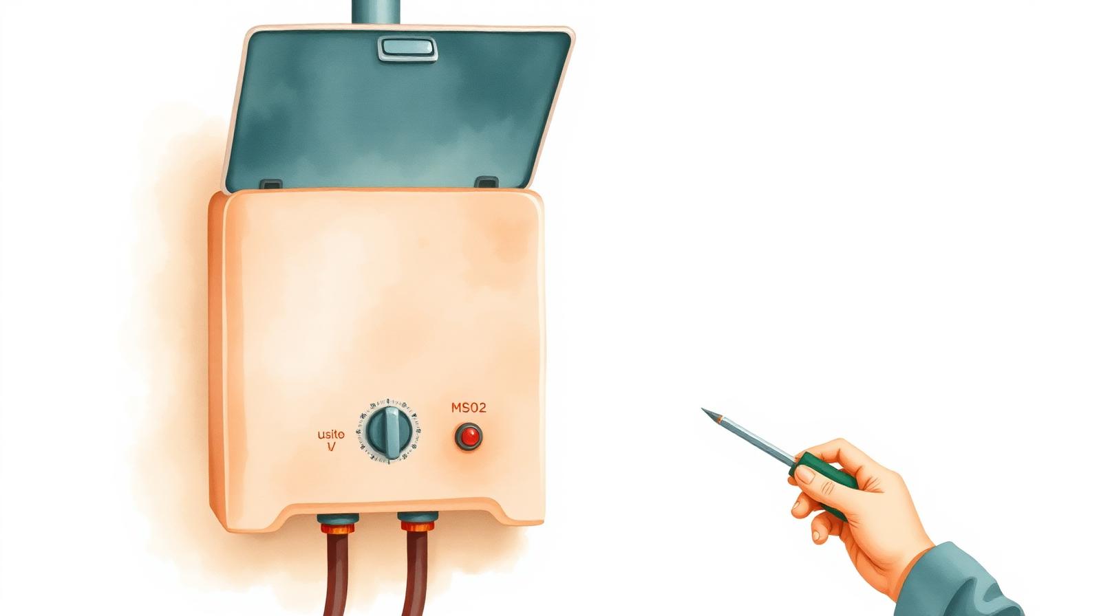 Ilustración de un gasista revisando un calefón de pared con la tapa abierta