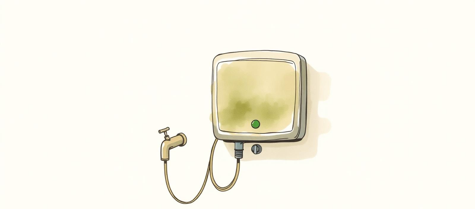 Ilustración acuarela de un calefón a gas compacto colgado en la pared calentando agua al instante