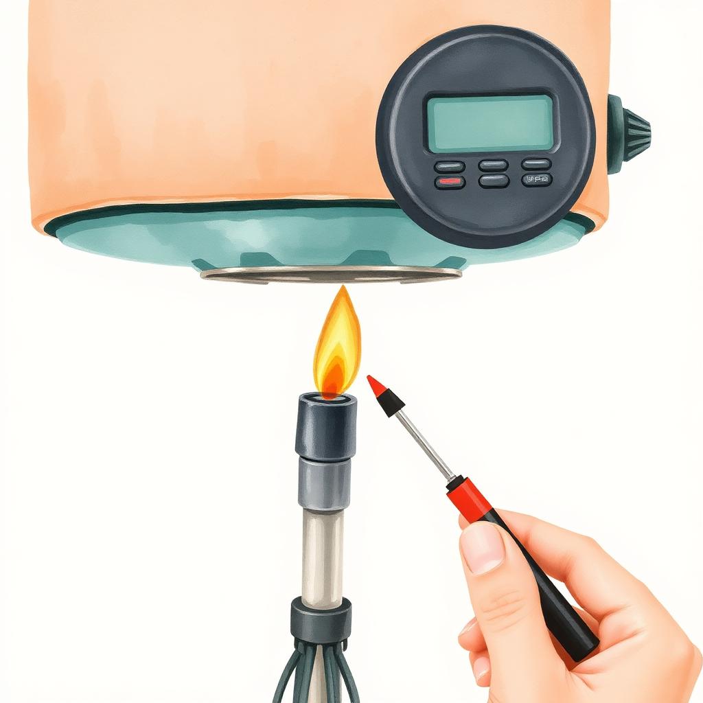Ilustración de sistema de encendido del calefón: piezo, piloto y llama