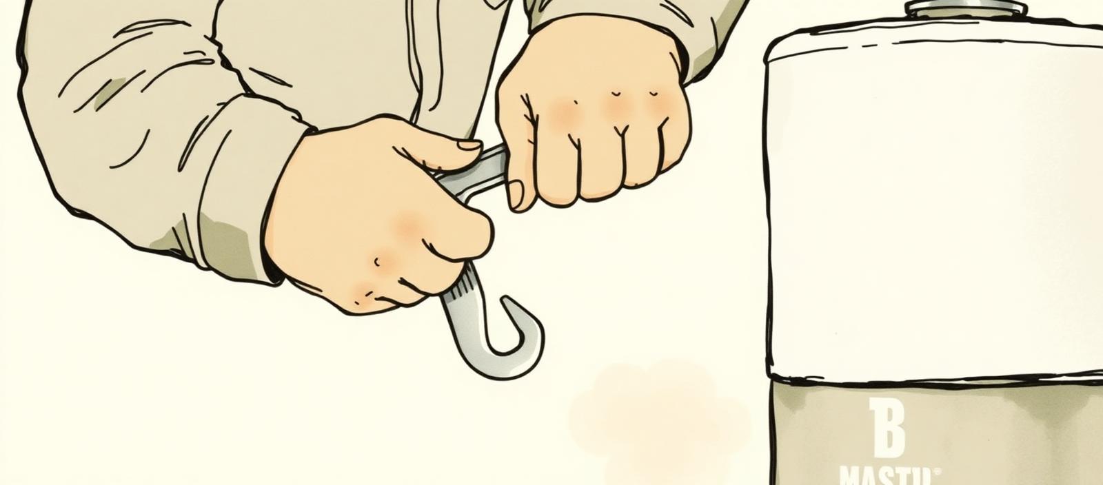 Ilustración acuarela de las manos de un gasista matriculado trabajando con una llave sobre una instalación de gas