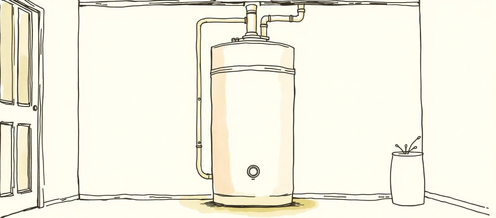 Ilustración acuarela de un termotanque de tanque parado en el rincón de un lavadero con cañerías
