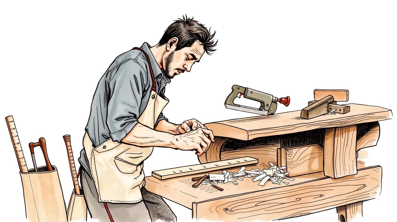 Ilustración de un carpintero trabajando en su banco con herramientas de mano