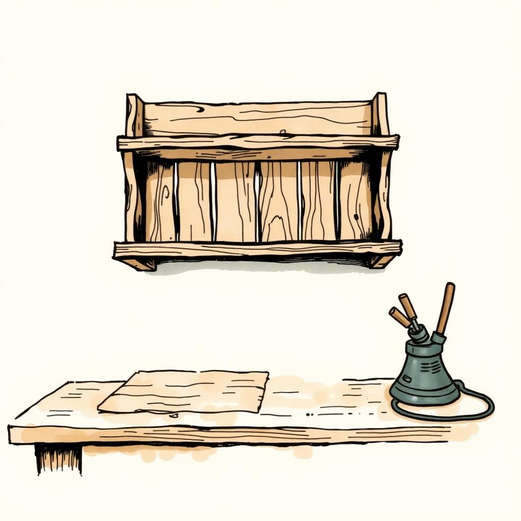 Ilustración de una repisa de madera hecha con tablas de pallet sobre un banco de carpintero