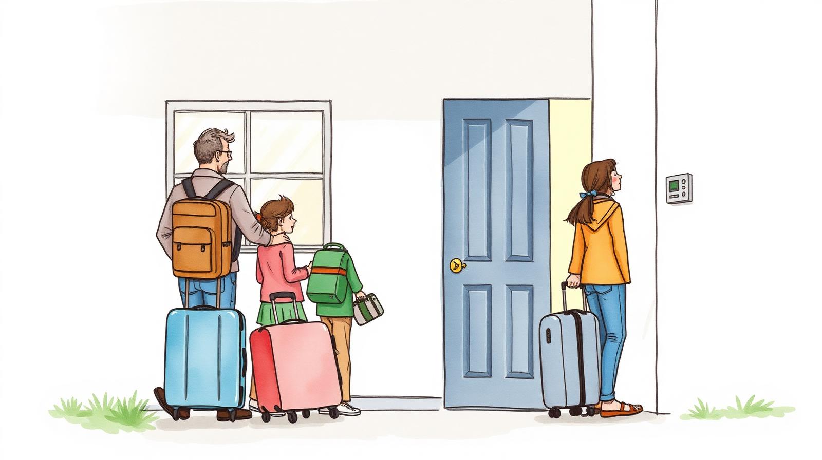 Ilustración de una familia dejando la casa antes de las vacaciones y cerrando la llave de paso del agua