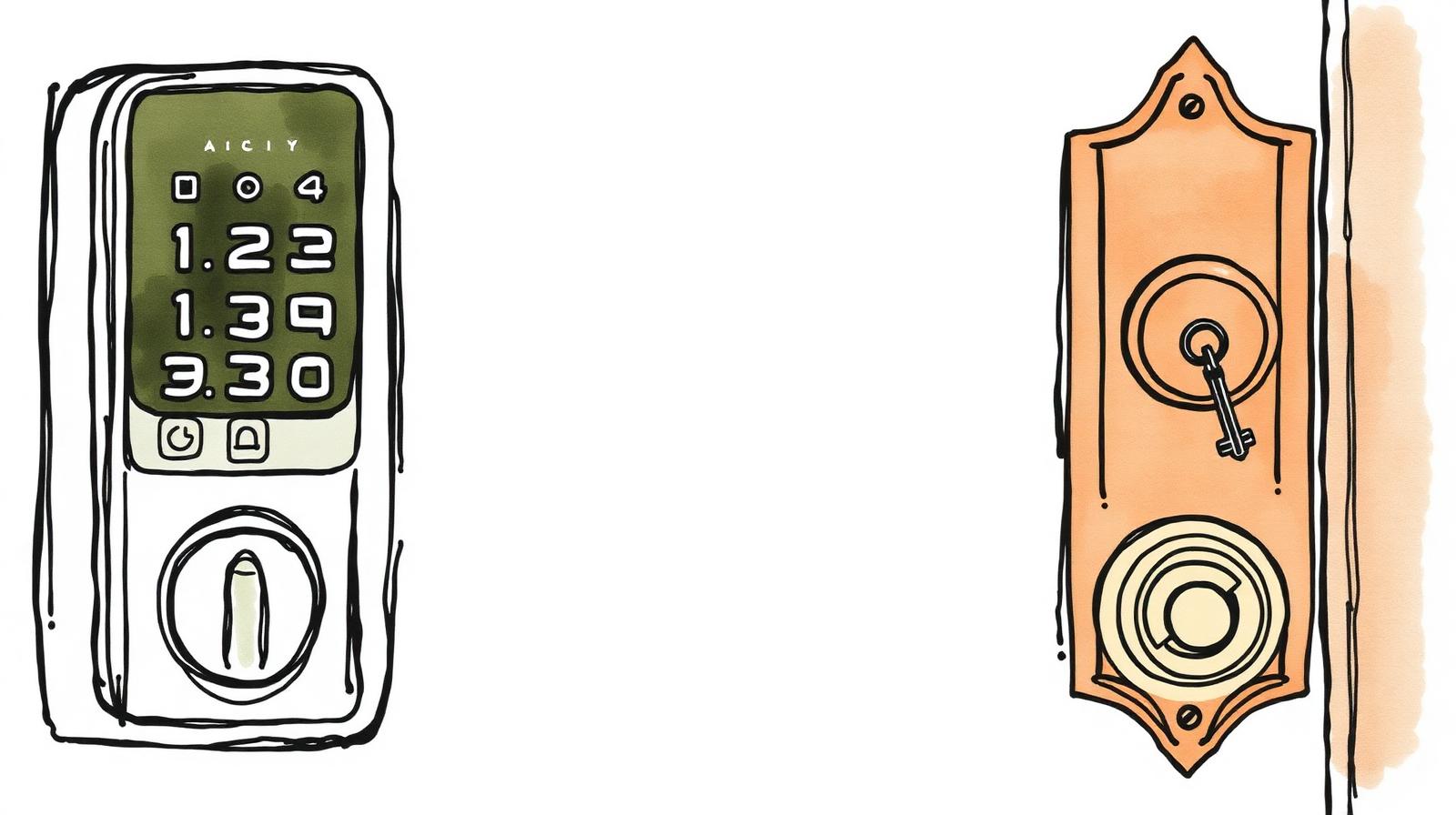 Ilustración acuarela comparando una cerradura digital con teclado y una cerradura tradicional con llave, una al lado de la otra