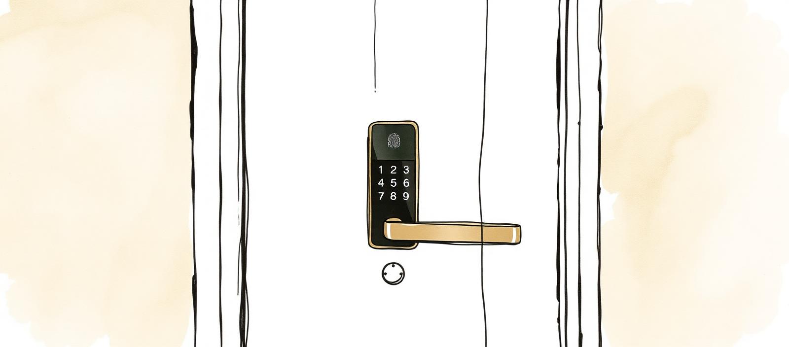 Ilustración acuarela de una cerradura digital moderna con teclado y sensor de huella montada en una puerta de madera