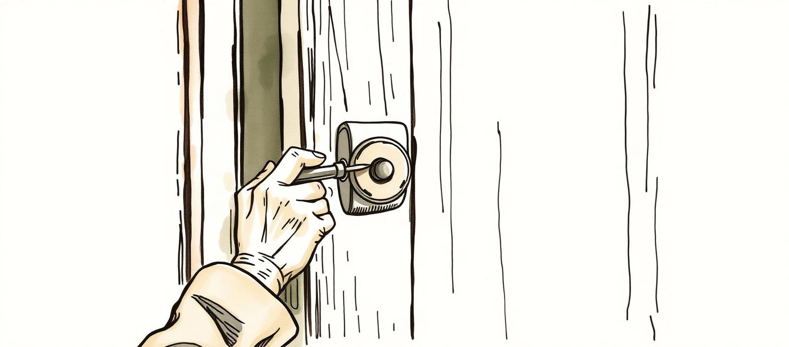 Ilustración acuarela de las manos de un cerrajero instalando una cerradura sobre una puerta de madera con un destornillador