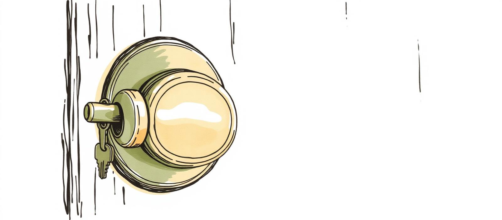 Ilustración acuarela de una cerradura tradicional de bronce con una llave metálica insertada en una puerta de madera