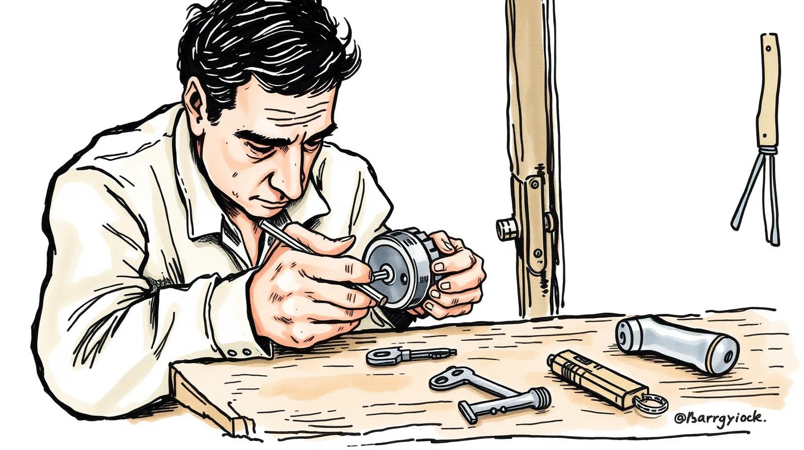 Ilustración de un cerrajero trabajando sobre un bombín de cerradura con destornillador y llaves