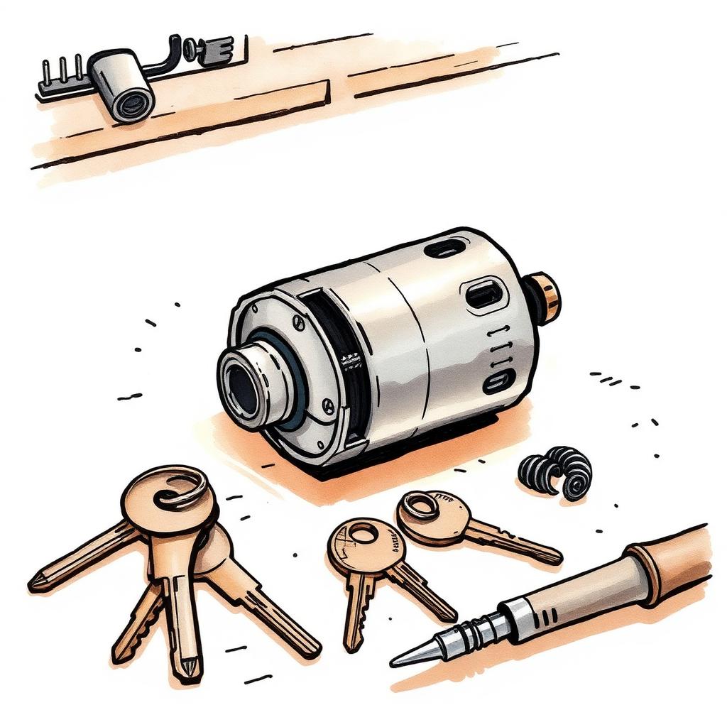 Ilustración de un bombín de cerradura desarmado junto a llaves y herramientas de cerrajero