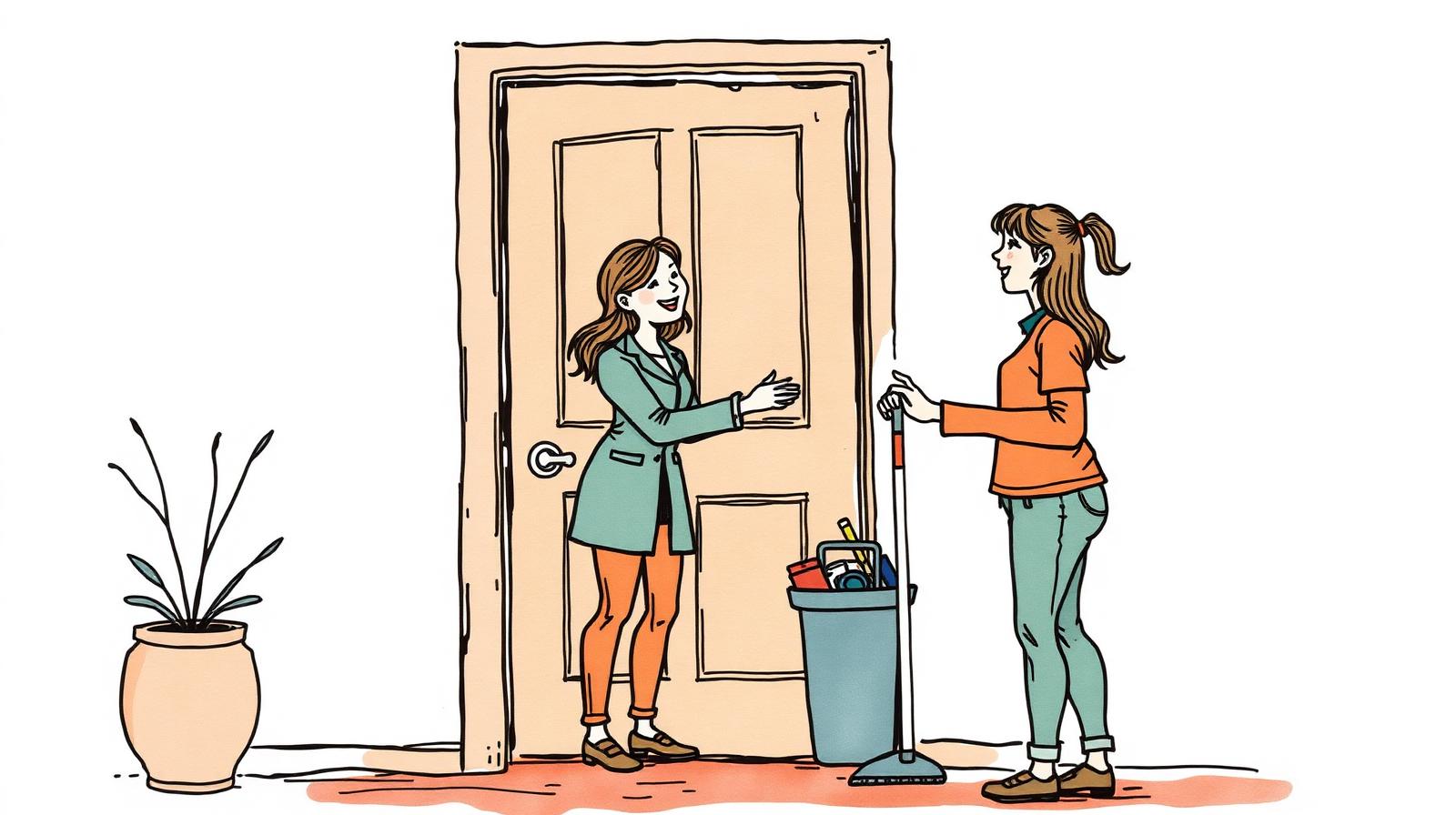 Ilustración de una profesional de limpieza recibida por una clienta en la puerta
