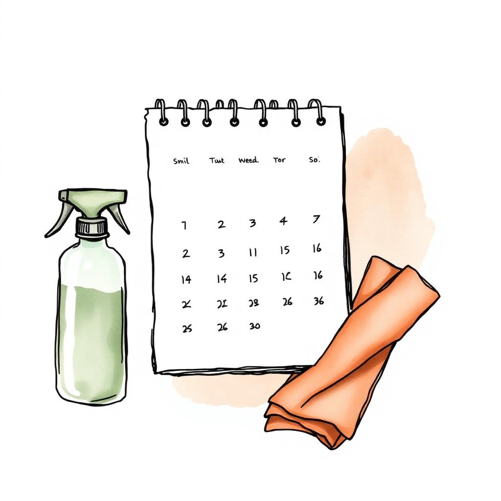 Ilustración de un calendario mensual junto a un rociador y un paño de microfibra