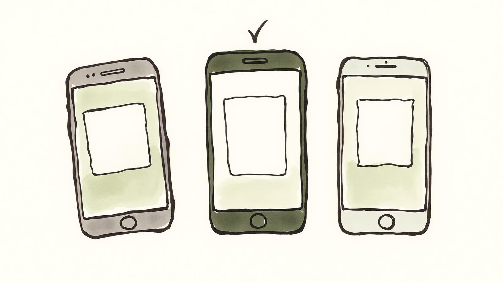 Ilustración acuarela de tres celulares comparando apps de servicios, con un tilde sobre el del medio