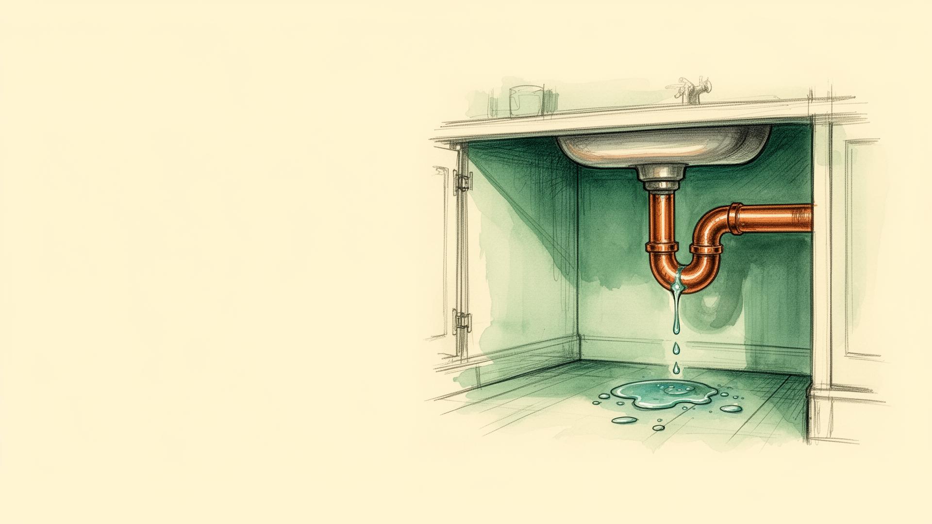 Caño bajo una bacha de cocina con una pérdida que forma un charco en el piso del mueble