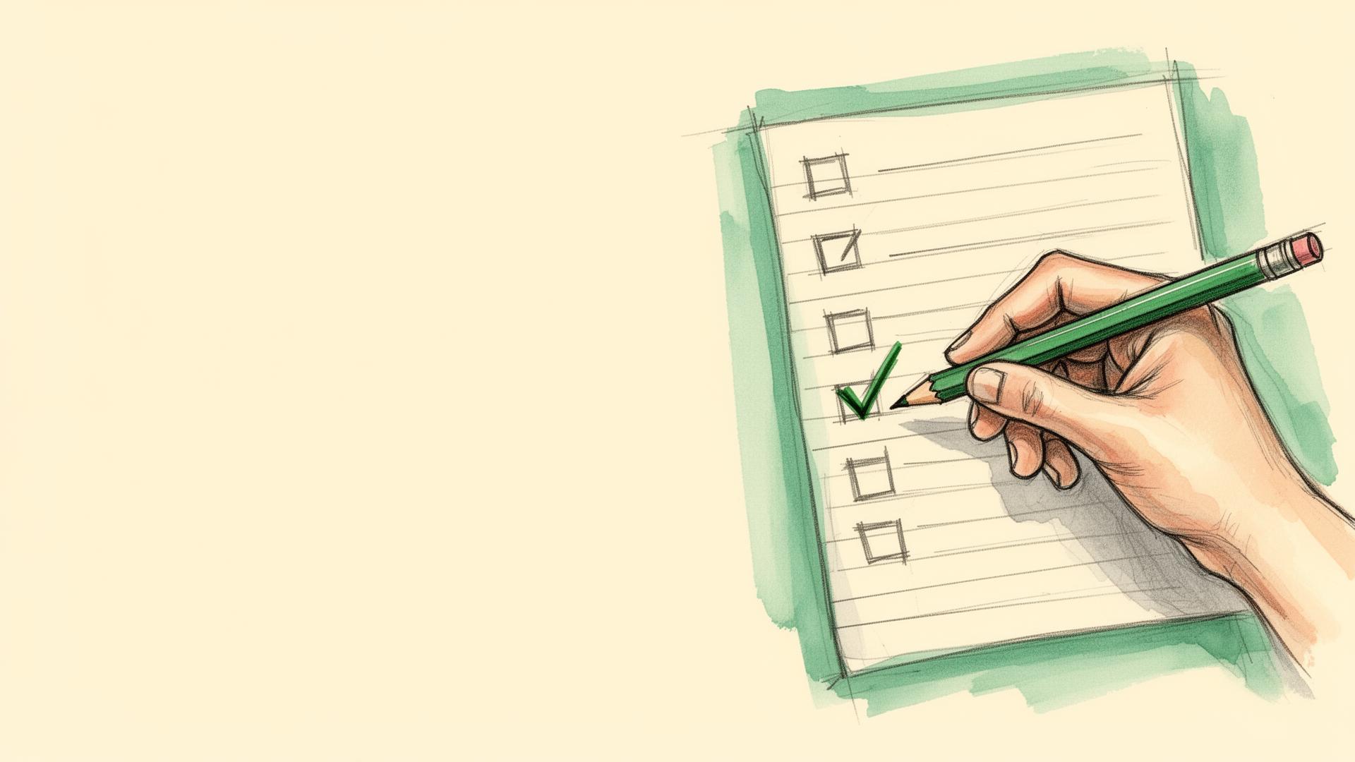 Lista numerada en papel con una mano tildando con lápiz verde el primer paso