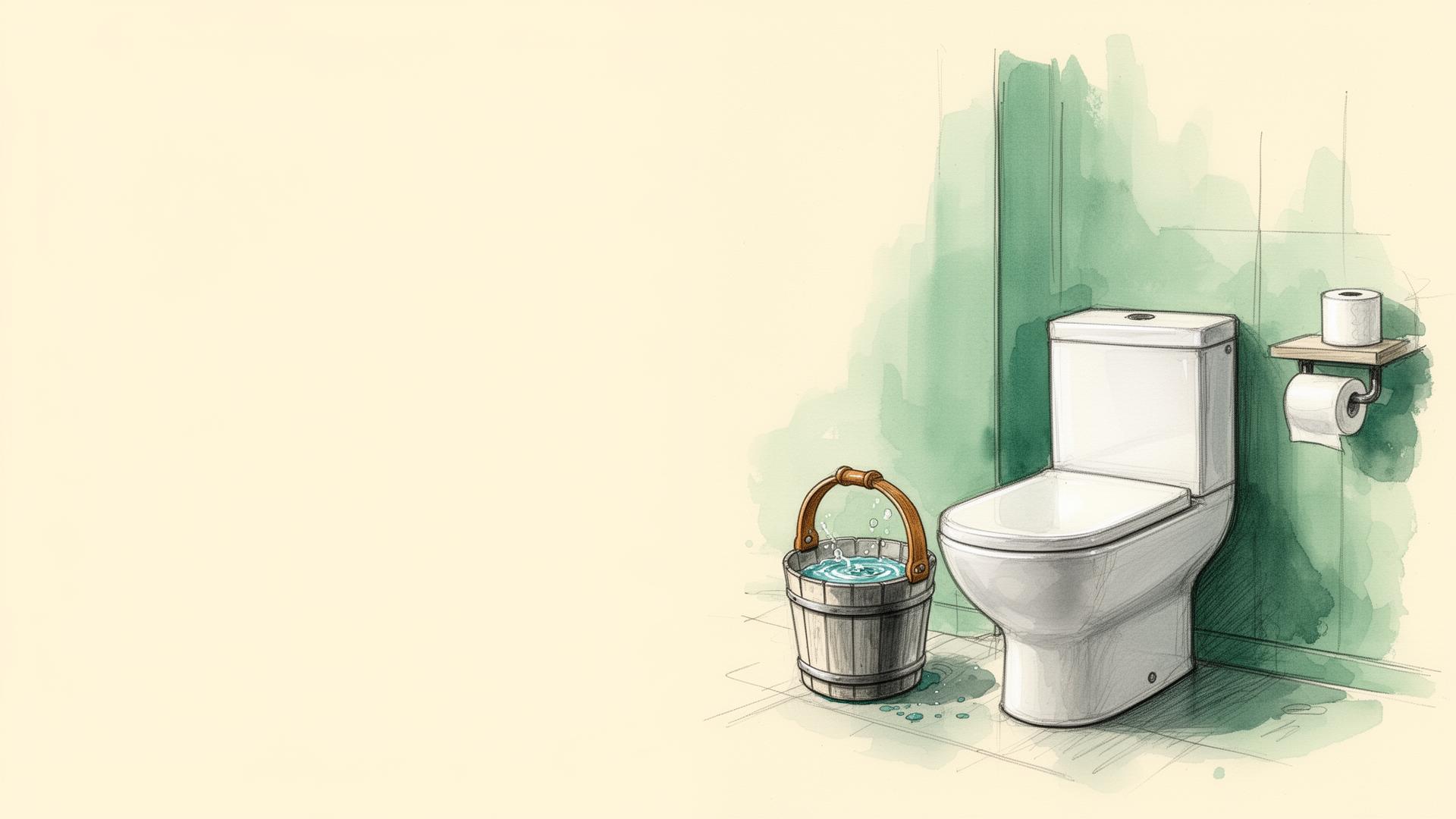 Baño con inodoro blanco, un balde de agua al costado y un rollo de papel higiénico