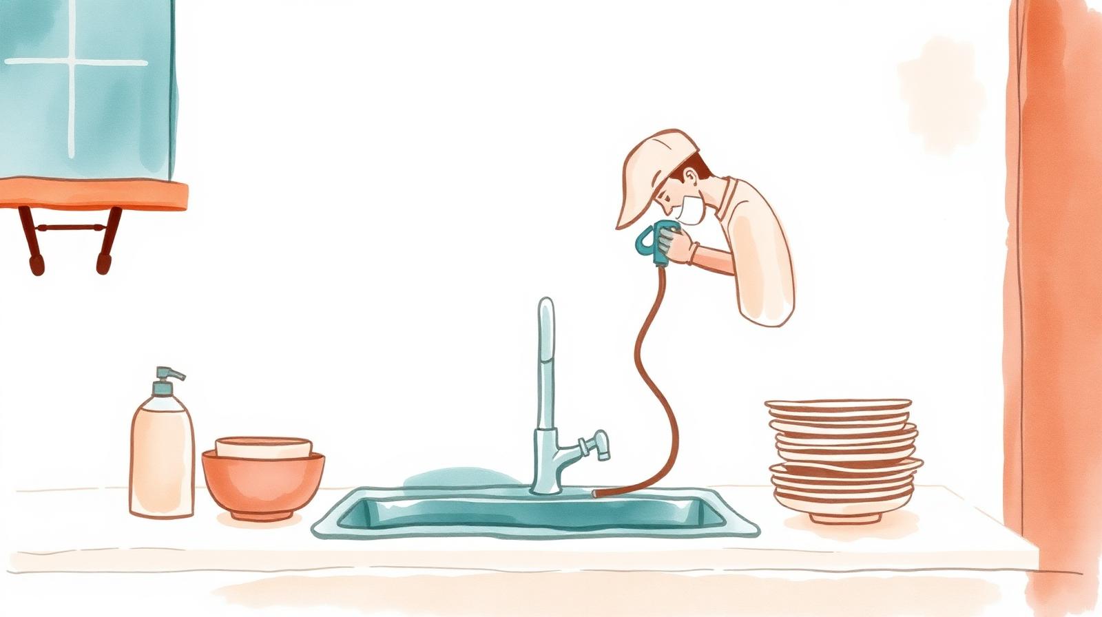 Ilustración de un plomero destapando una pileta de cocina con sonda