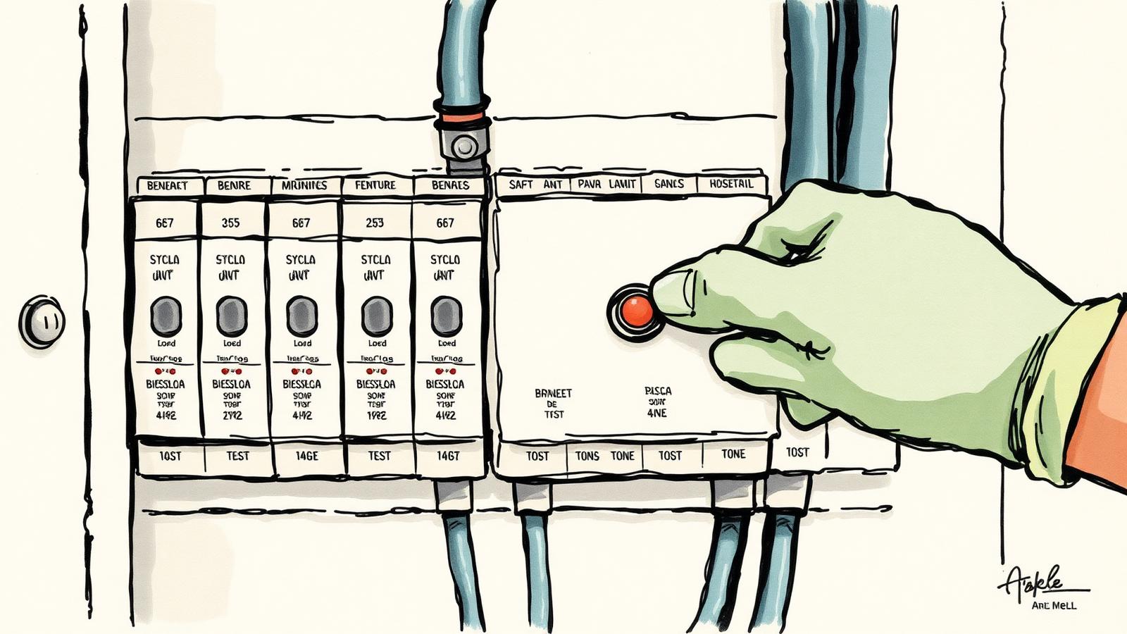 Ilustración acuarela de un tablero eléctrico residencial con un disyuntor diferencial y una mano probando el botón de test