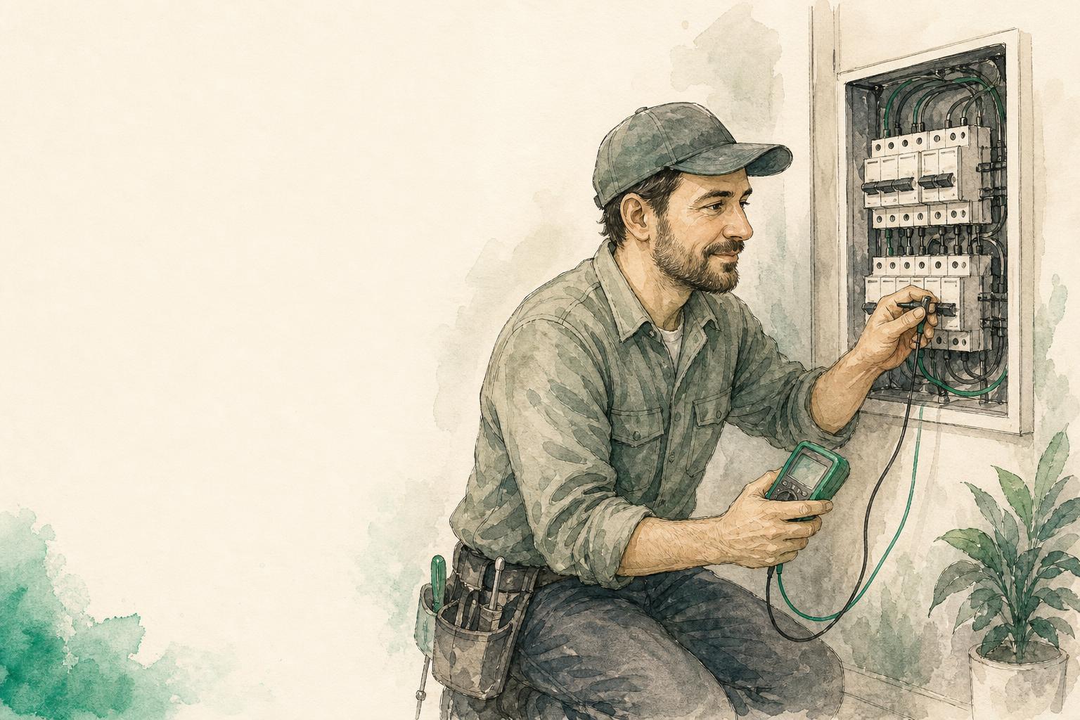 Ilustración acuarela de un electricista trabajando en un tablero