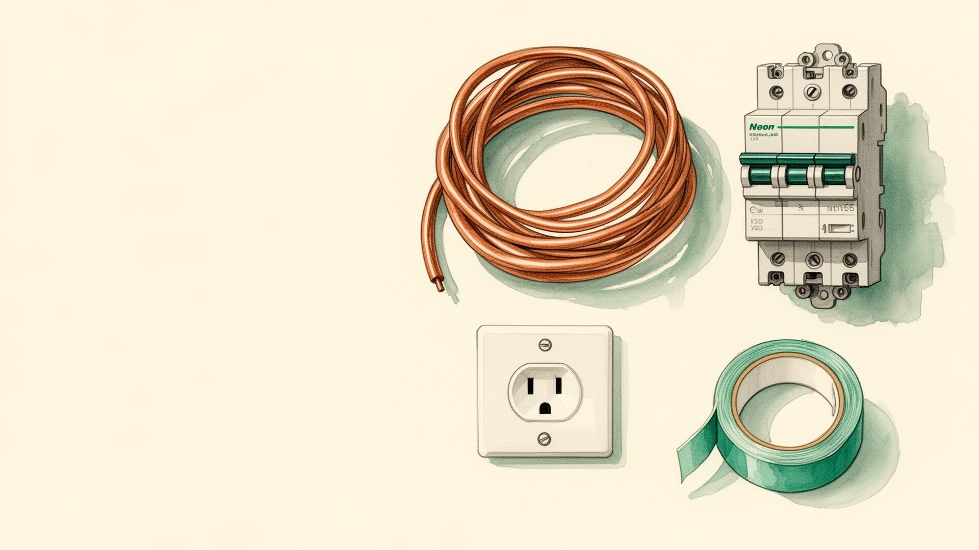 Ilustración de materiales eléctricos: rollo de cable de cobre, llave térmica, toma y cinta aisladora
