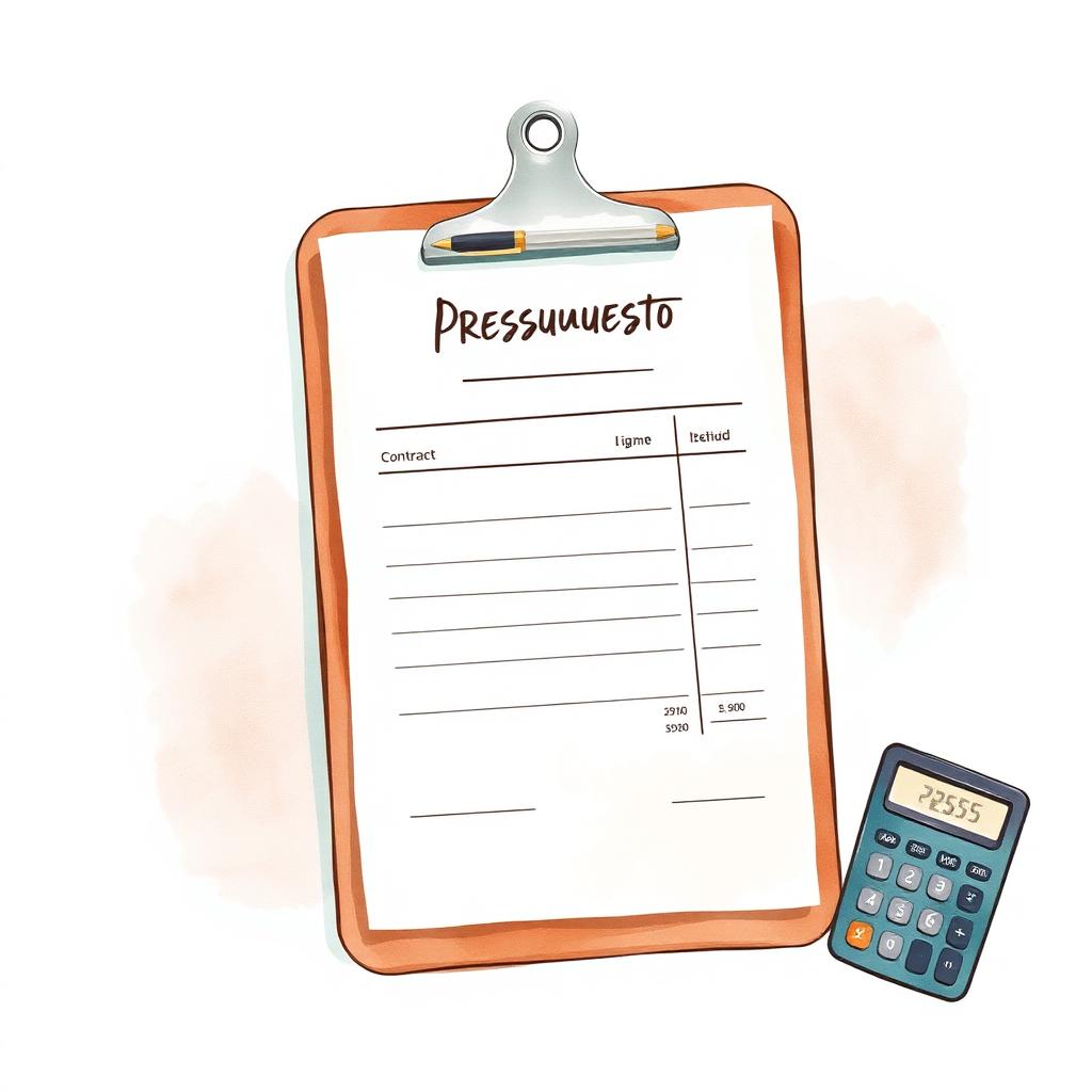 Ilustración de un presupuesto en clipboard con lapicera y calculadora