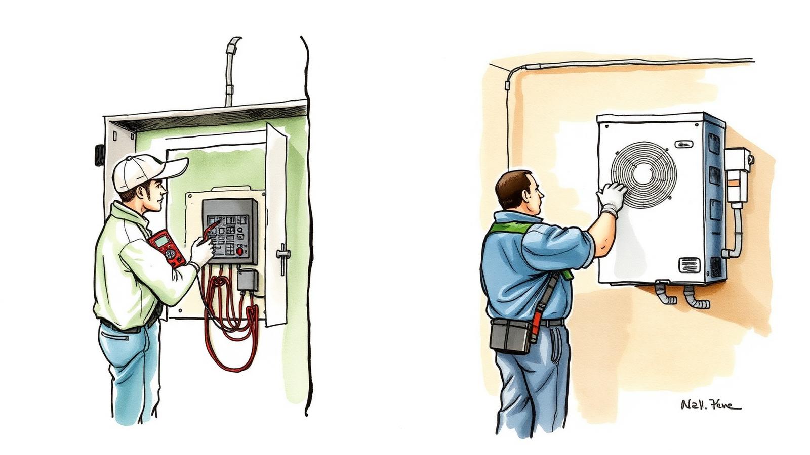 Ilustración acuarela de un electricista trabajando en un tablero a la izquierda y un técnico de aire acondicionado atendiendo un equipo exterior a la derecha