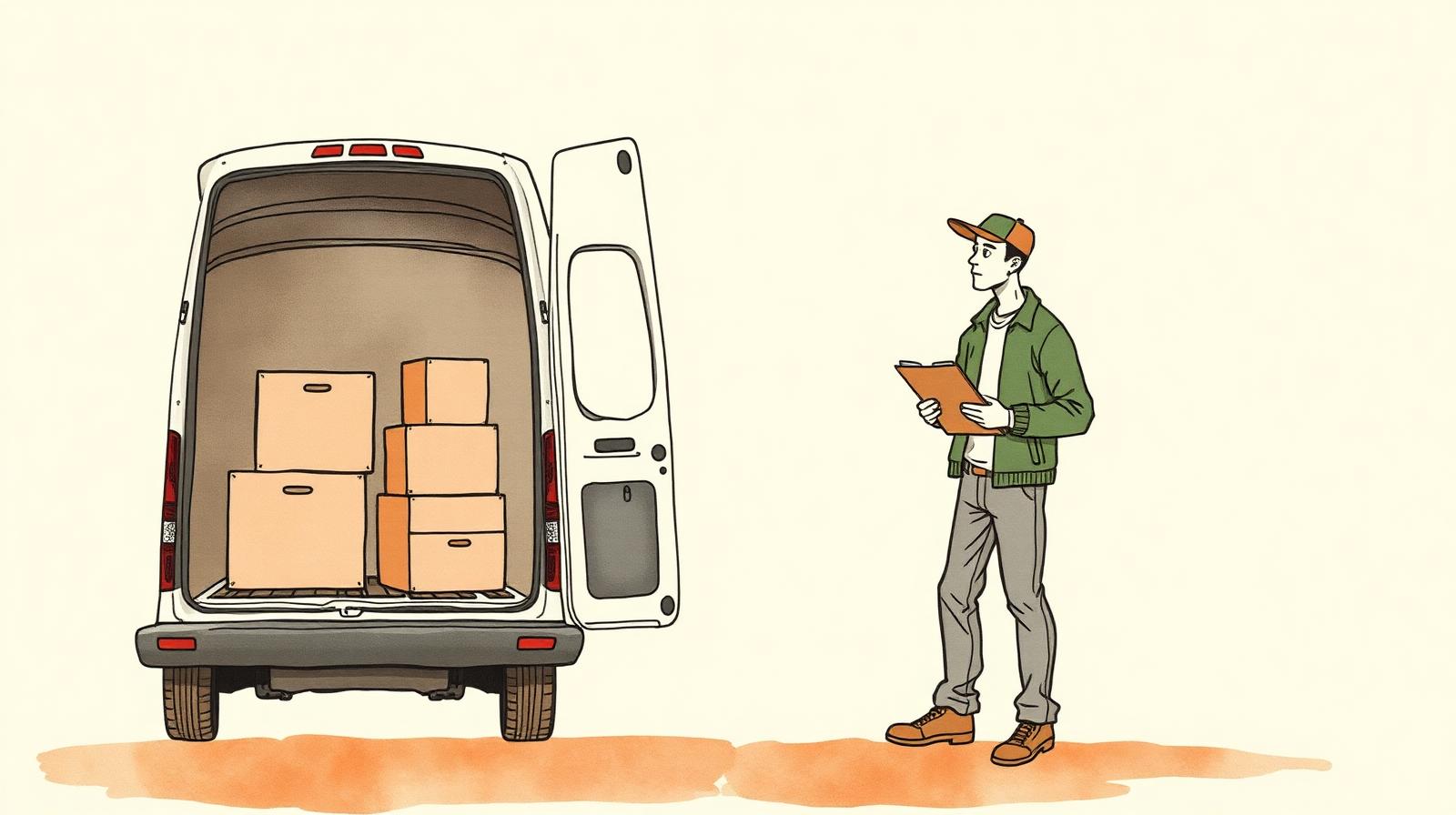 Ilustración de un fletero con su camioneta cargada de cajas y un clipboard