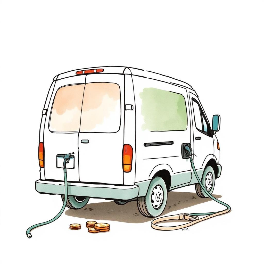 Ilustración de una camioneta de fletes con un surtidor de combustible y monedas