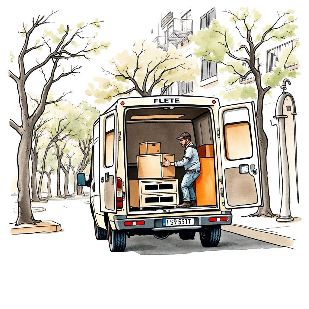 Ilustración de una camioneta flete cargada con muebles y cajas