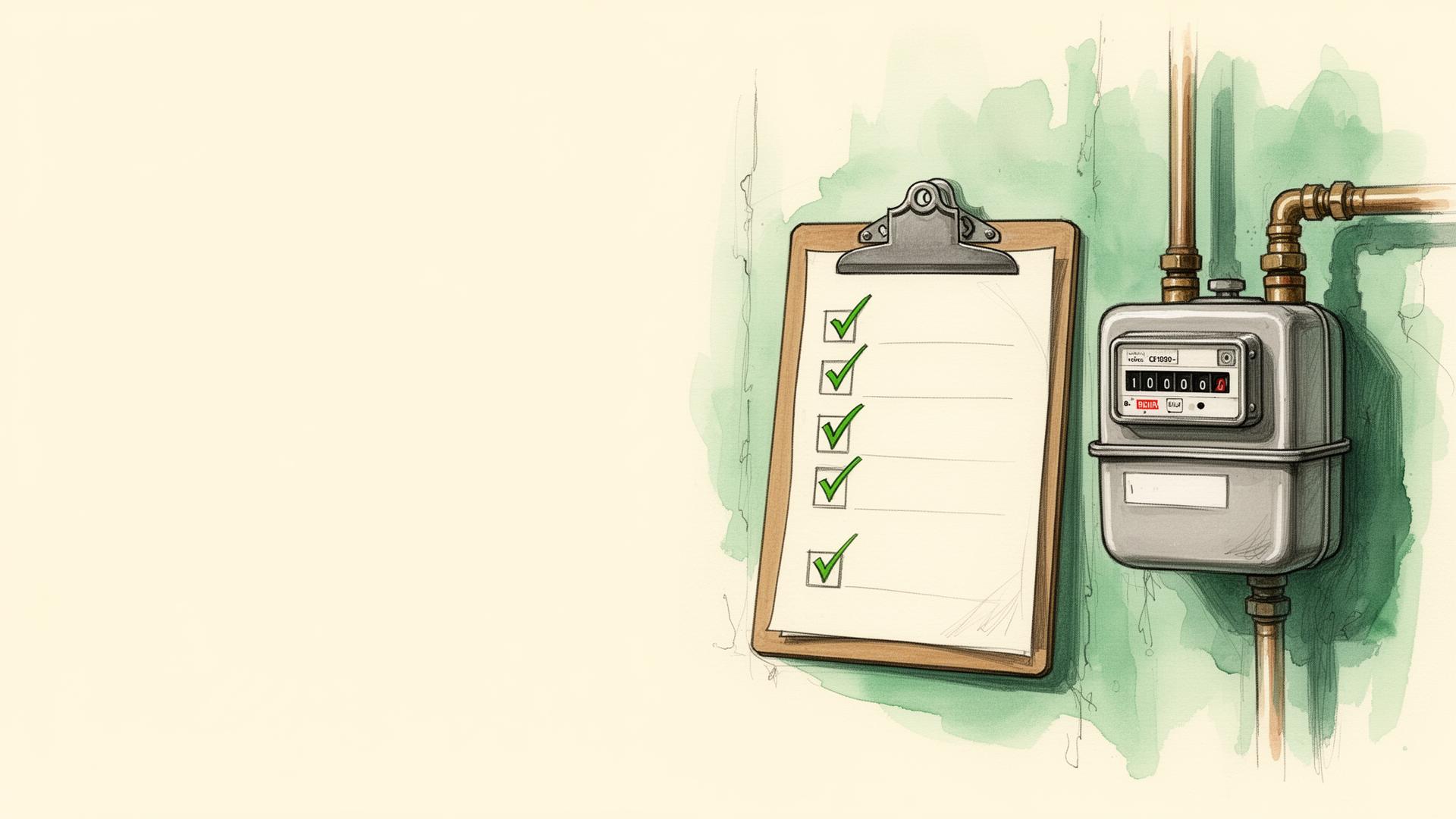 Carpeta con un checklist de tildes verdes junto a un medidor de gas domiciliario