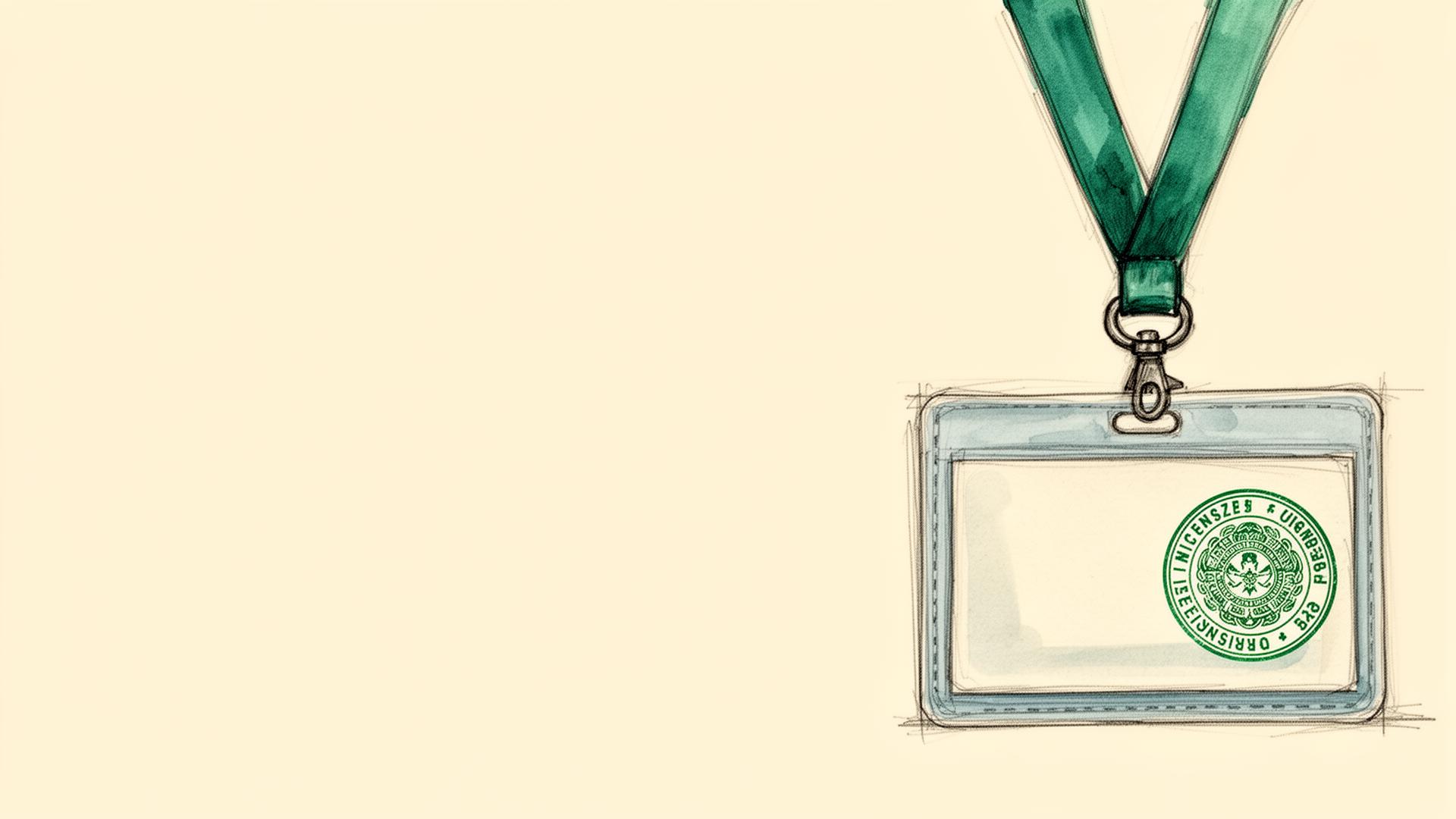 Credencial profesional colgando de una cinta verde con un sello oficial estampado