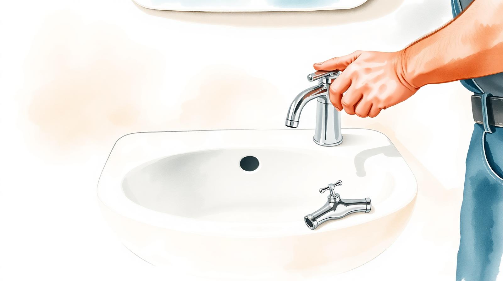 Ilustración de un plomero instalando una grifería nueva en un bacha de baño