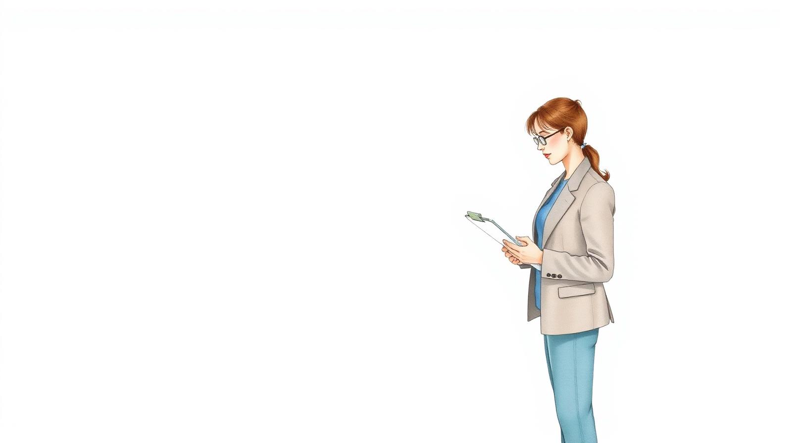 Ilustración de una agente inmobiliaria haciendo una inspección con clipboard en un departamento vacío