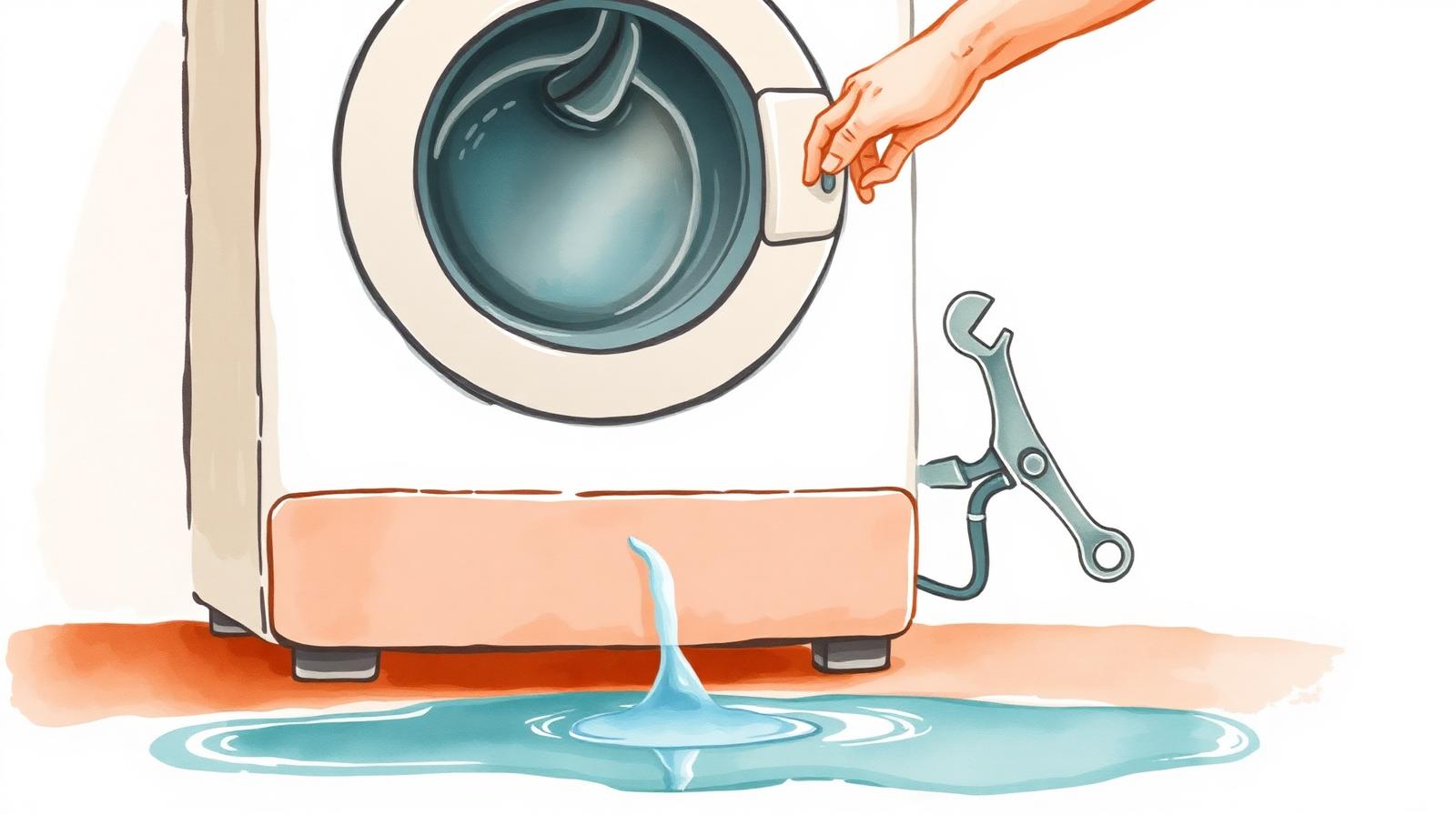 Ilustración de un lavarropas con pérdida de agua revisado por un técnico con llave