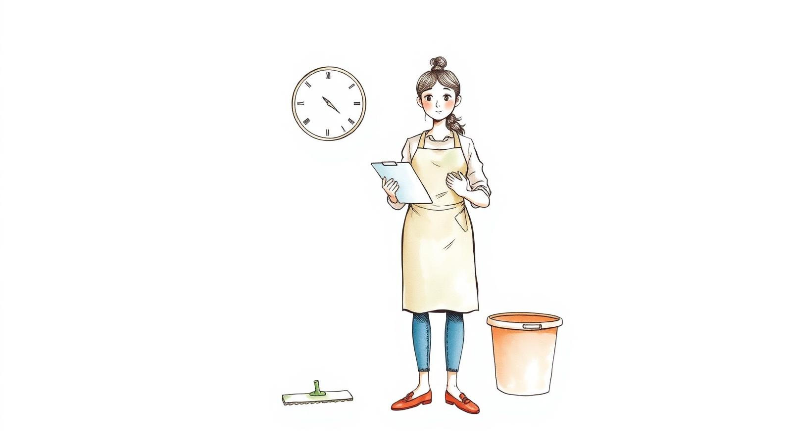 Ilustración de una profesional de limpieza con un clipboard y un reloj de pared