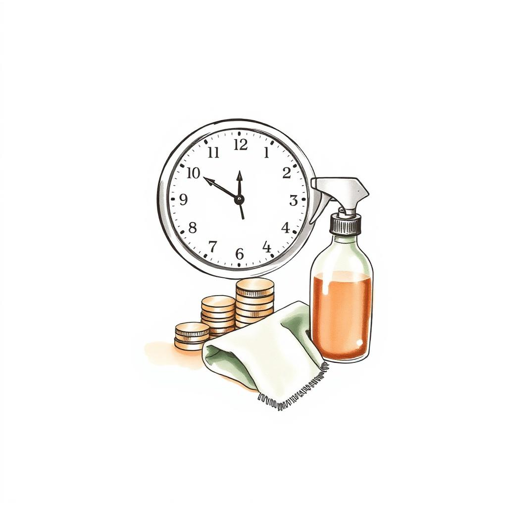 Ilustración de un reloj, monedas y un rociador con un paño de limpieza