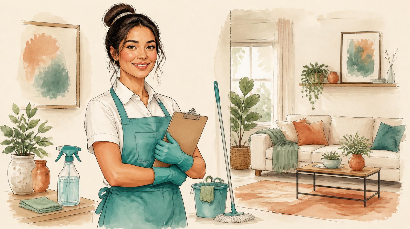 Ilustración de una profesional de limpieza con un presupuesto en clipboard