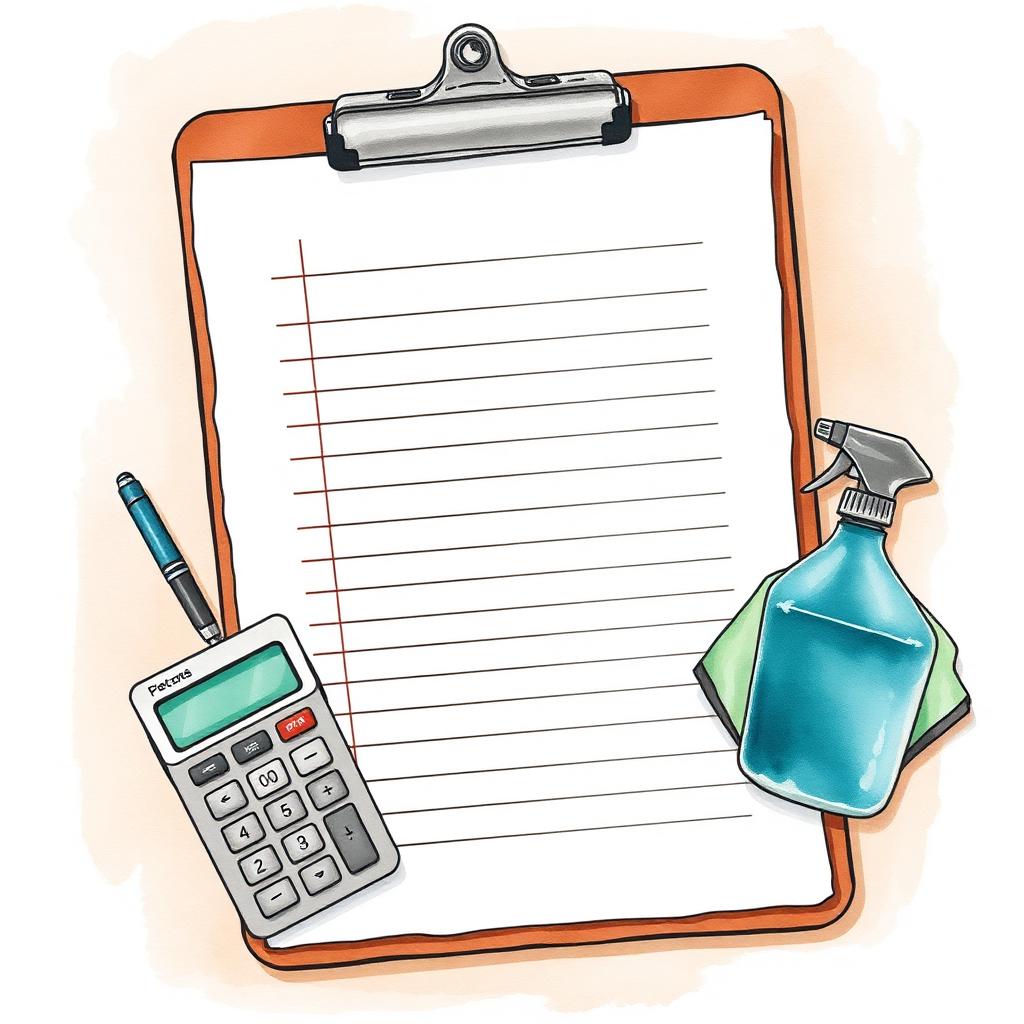 Ilustración de un presupuesto de limpieza en clipboard con lapicera y calculadora